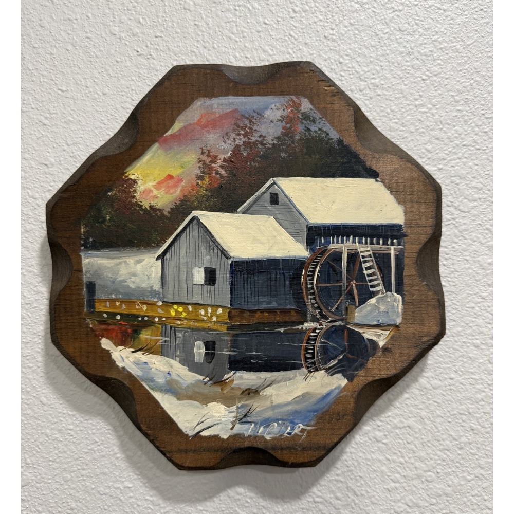 Rare Vintage Country Painting on Wood Watermill Wall Art Winter Signed Herbert